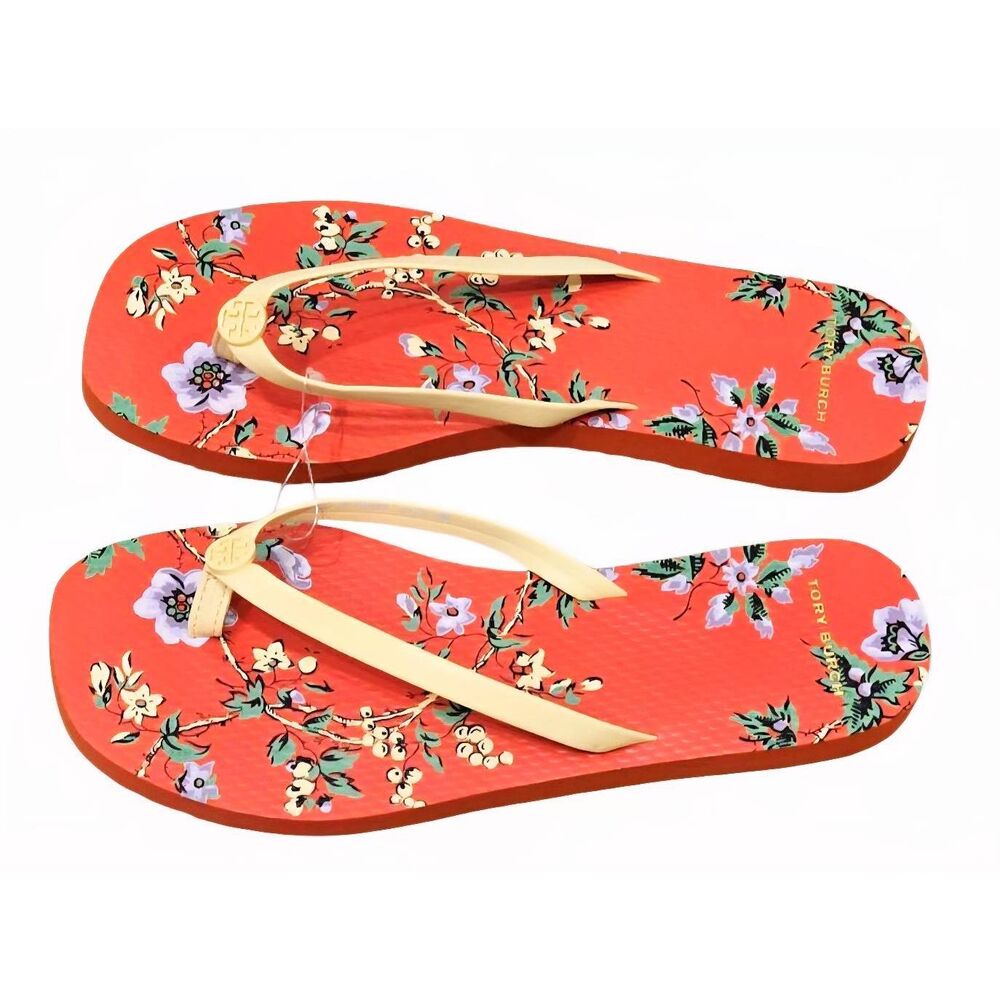 Tory Burch Floral Burnt Orange Thong Sandals